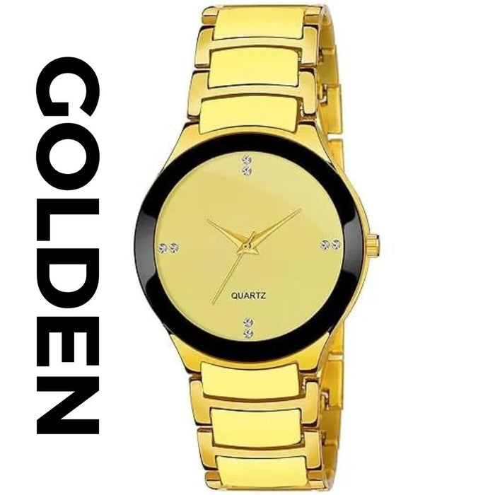 Gold wristwatch with a black face on a white background, labeled 'GOLDEN'.