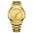 Gold wristwatch with a white face on a white background