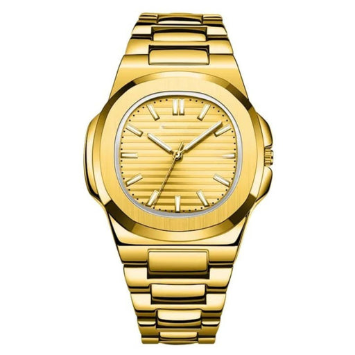 Gold wristwatch with a white face on a white background