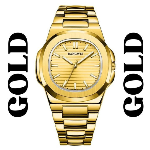 Gold watch with 'BANGWEI' branding on a white background