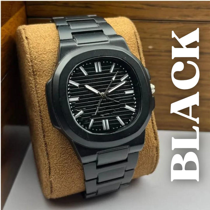 Black wristwatch on a brown cushion with 'BLACK' text overlay