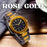 Rose gold watch on a wooden surface with 'ROSE GOLD' text above.
