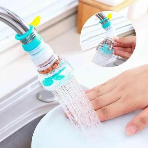 Water faucet filter attachment with water flowing, close-up inset showing water droplets.