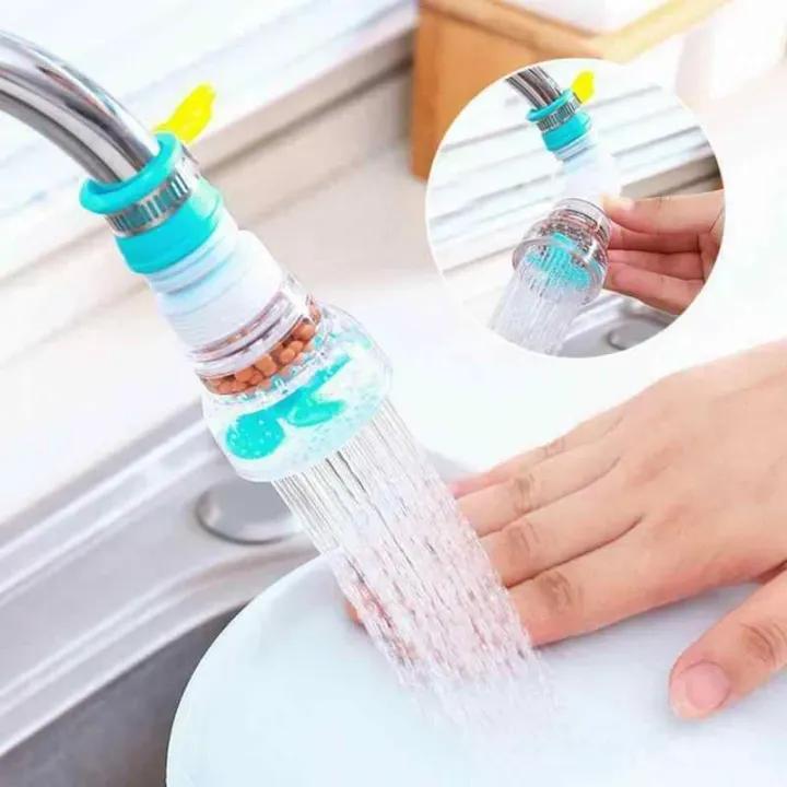 Water faucet filter attachment with water flowing, close-up inset showing water droplets.