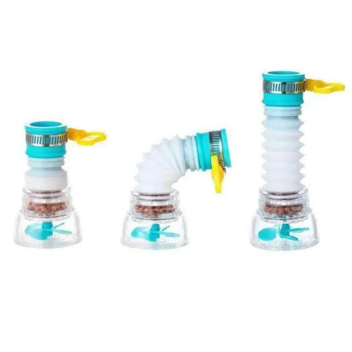 Set of three water spray nozzles with blue and yellow accents on a white background