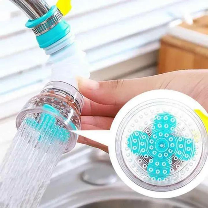 Turquoise water filter attachment on a faucet with close-up of design