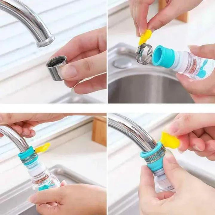 Step-by-step process of using a kitchen faucet attachment on a sink.