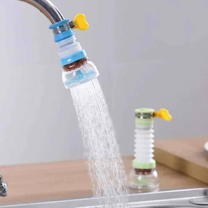 Faucet with a blue and yellow water filter attachment on a kitchen sink.