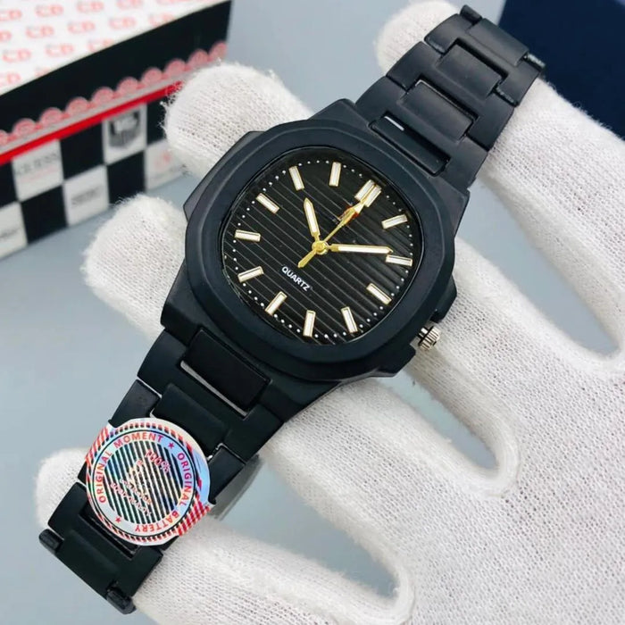 Black wristwatch with a detailed face on a white glove