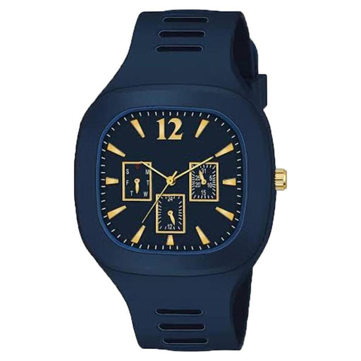 Blue watch with gold accents on a white background