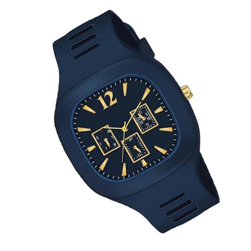 Navy blue watch with gold accents on a white background