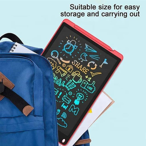 Small electronic device with colorful display on a blue backpack against a light blue background