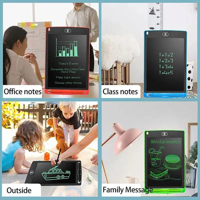 Collage of a digital drawing tablet in various use scenarios including office, class, outside, and family messages.