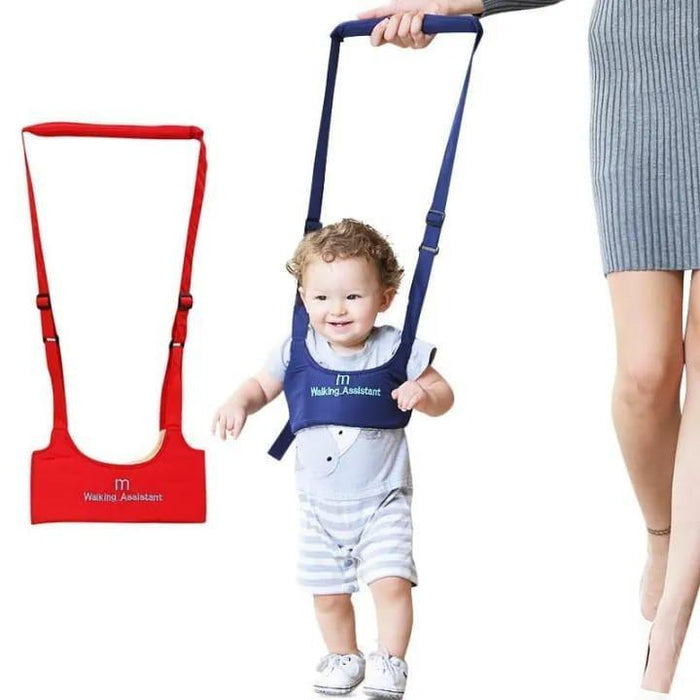 Child wearing a blue walking assistant with a red one on the left, being held by an adult.