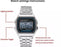 Digital watch with labeled functions on a white background