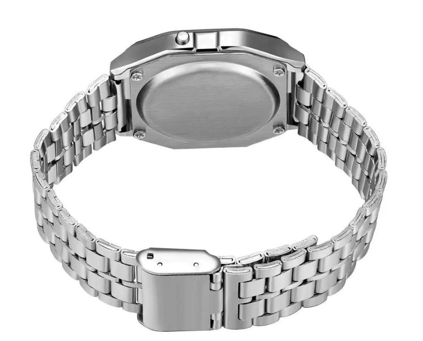 Silver watch with metal band on a white background