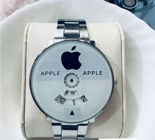 Silver watch with Apple logo on a white cushion