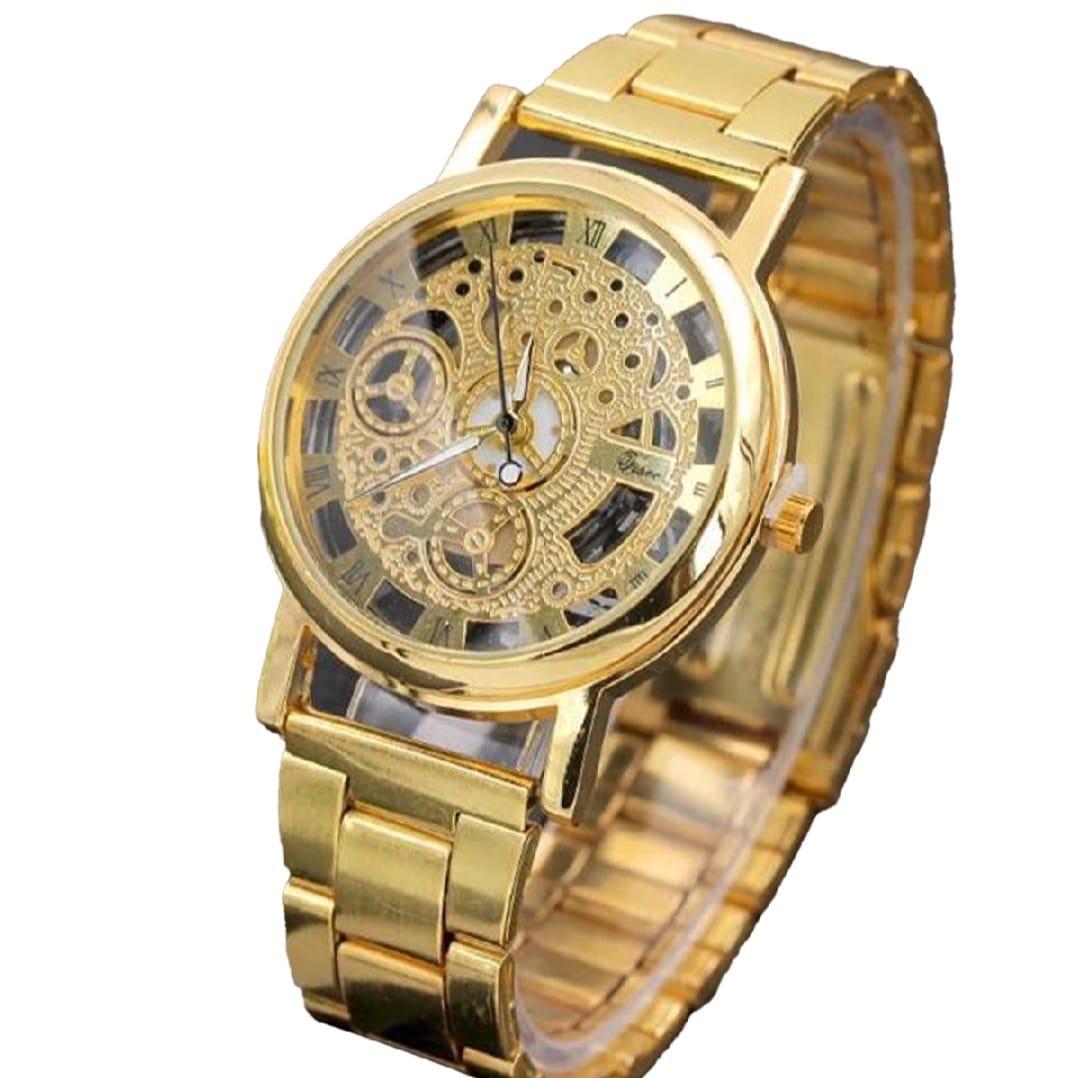 Gold wristwatch with a detailed mechanical design on a white background