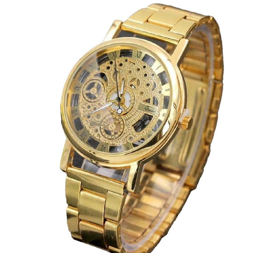 Gold wristwatch with a detailed mechanical design on a white background