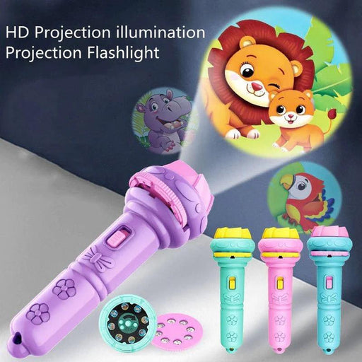 Children's projection flashlights with animal illustrations on a dark background