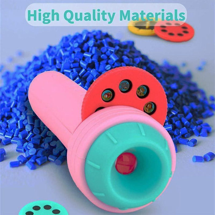 Colorful toy with blue plastic pieces on a light background, labeled 'High Quality Materials'.