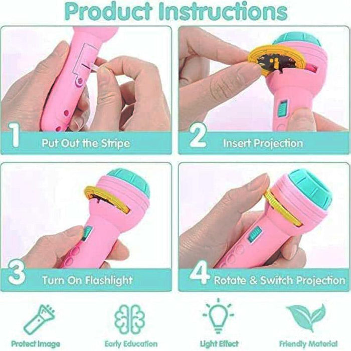 Step-by-step instructions for using a pink toy projector with images of hands performing actions.