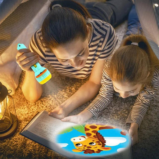 Woman and child reading a book with a glowing flashlight and cartoon giraffe illustration.