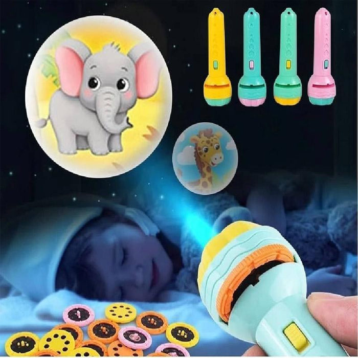 Children's toy flashlight with animal projections and buttons on a dark background