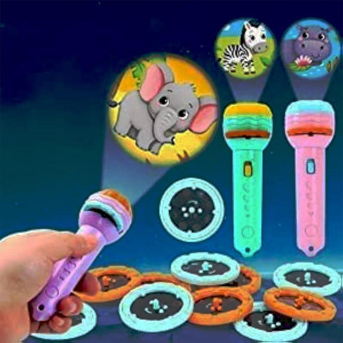 Children's toy microphones with animal projection on a dark background