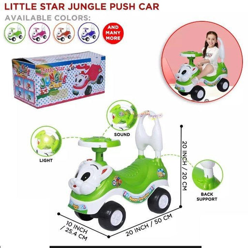 Green and white Little Star Jungle push car with packaging and dimensions on a white background