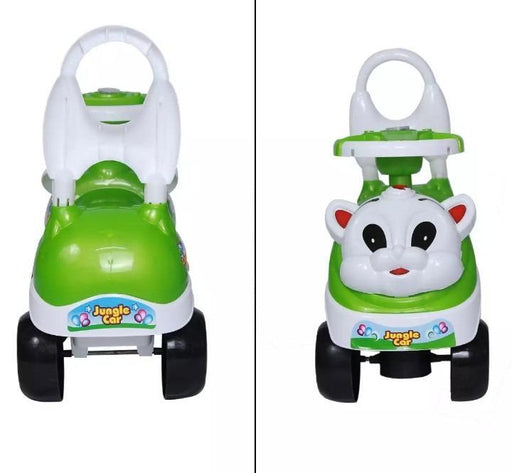 Green and white toy car with a cat face design on a white background