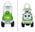 Green and white toy car with a cat face design on a white background