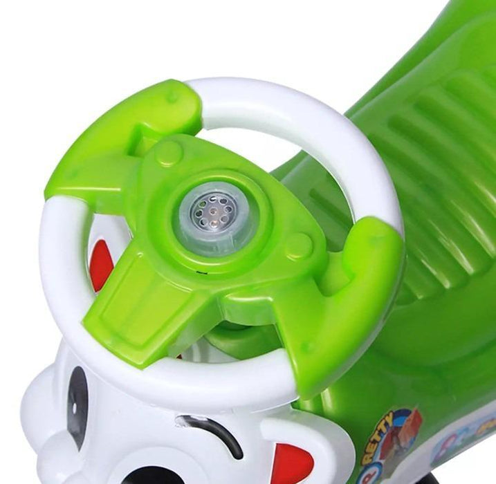 Toy car with green steering wheel on a white background
