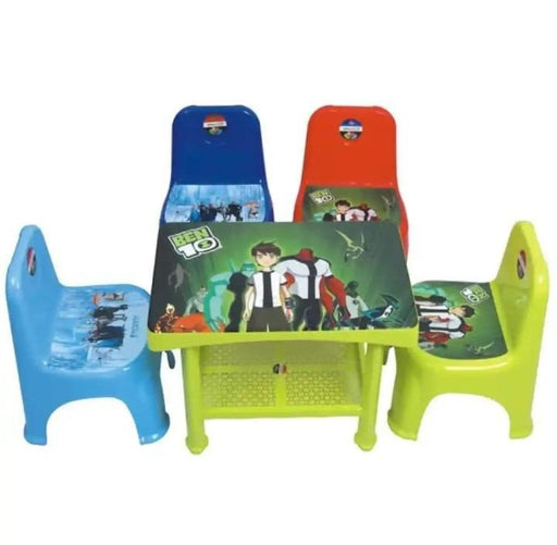 Children's table and chairs set with colorful designs on a white background