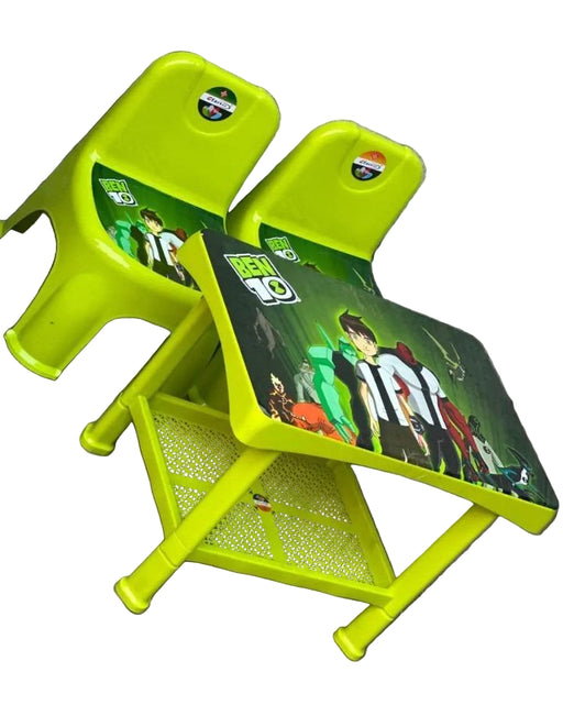 Green children's desk and chair set with cartoon character design on a gray surface