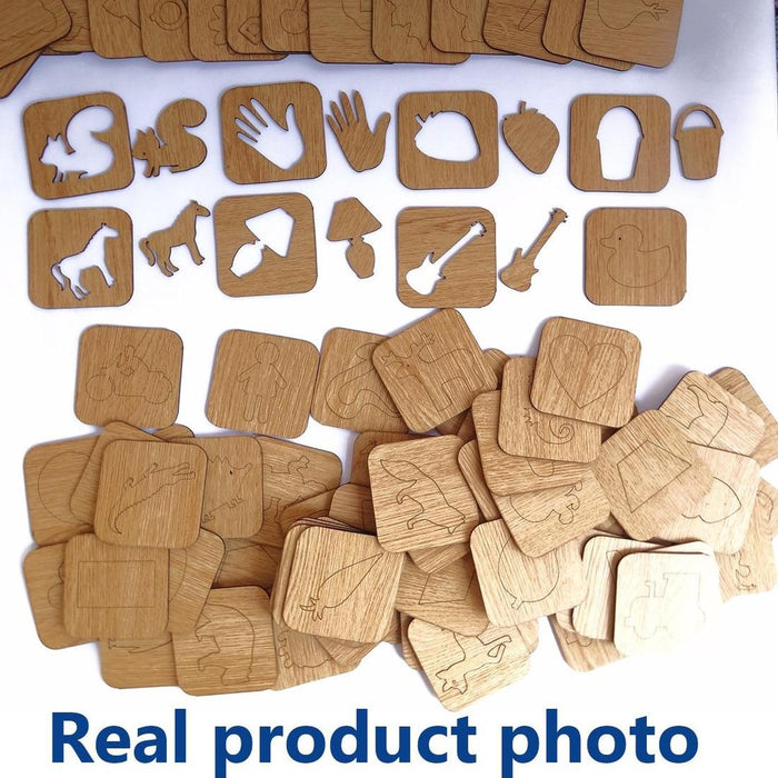 Collection of wooden cutouts with various shapes and designs on a white background.