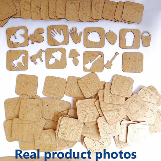 Collection of wooden cutouts with various shapes and designs on a white background.