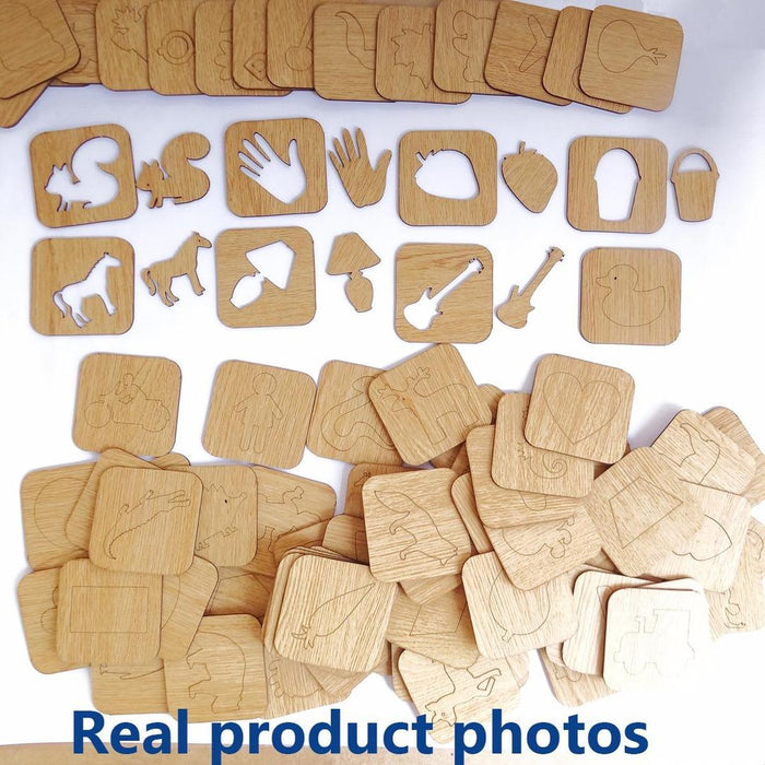Collection of wooden cutouts with various shapes and designs on a white background.