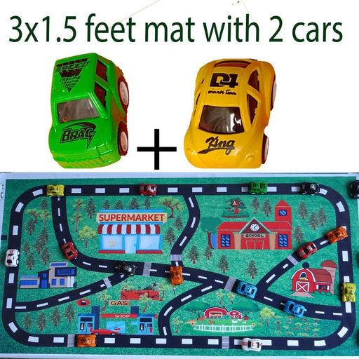 Toy cars and a colorful play mat with cityscape design on a white background