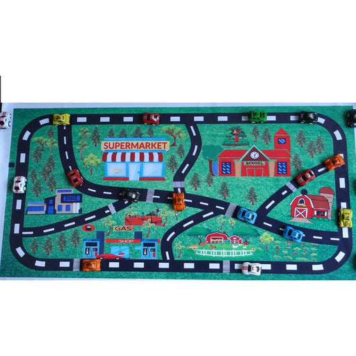 Play mat with roadways and toy vehicles on a white background
