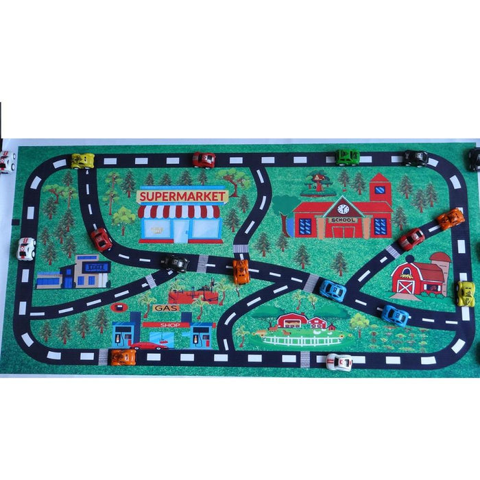 Play mat with roadways and toy vehicles on a white background