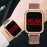 Two digital wristwatches with rose gold mesh bands and red LED display on a person's wrist.