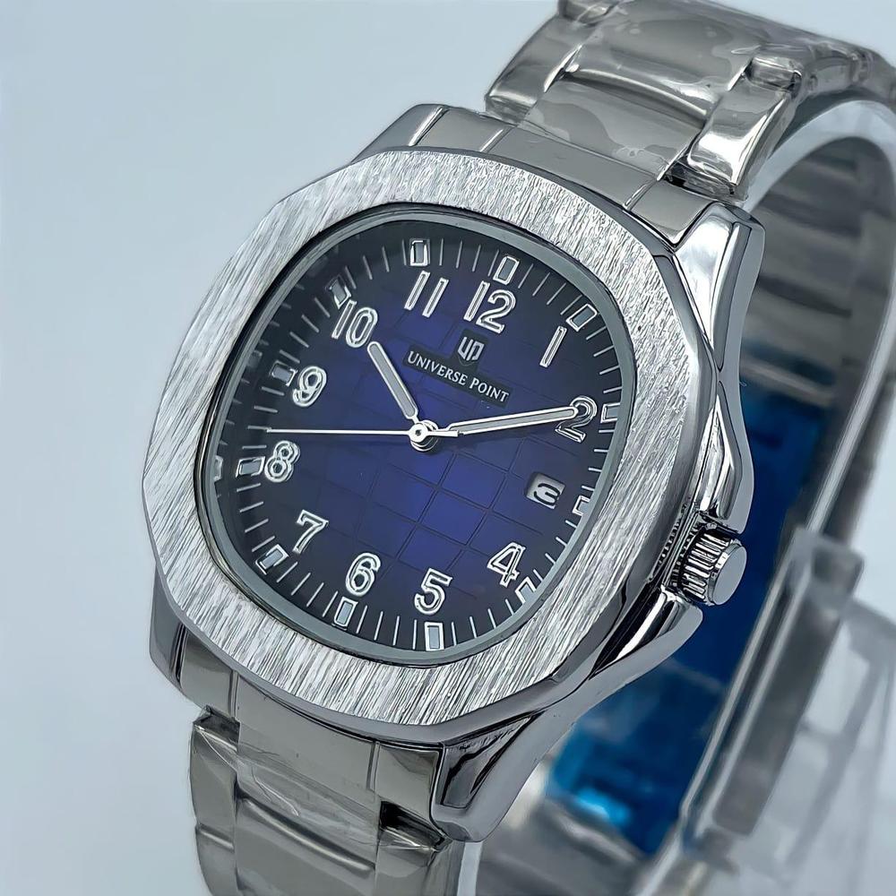 Silver wristwatch with a blue face on a light gray background